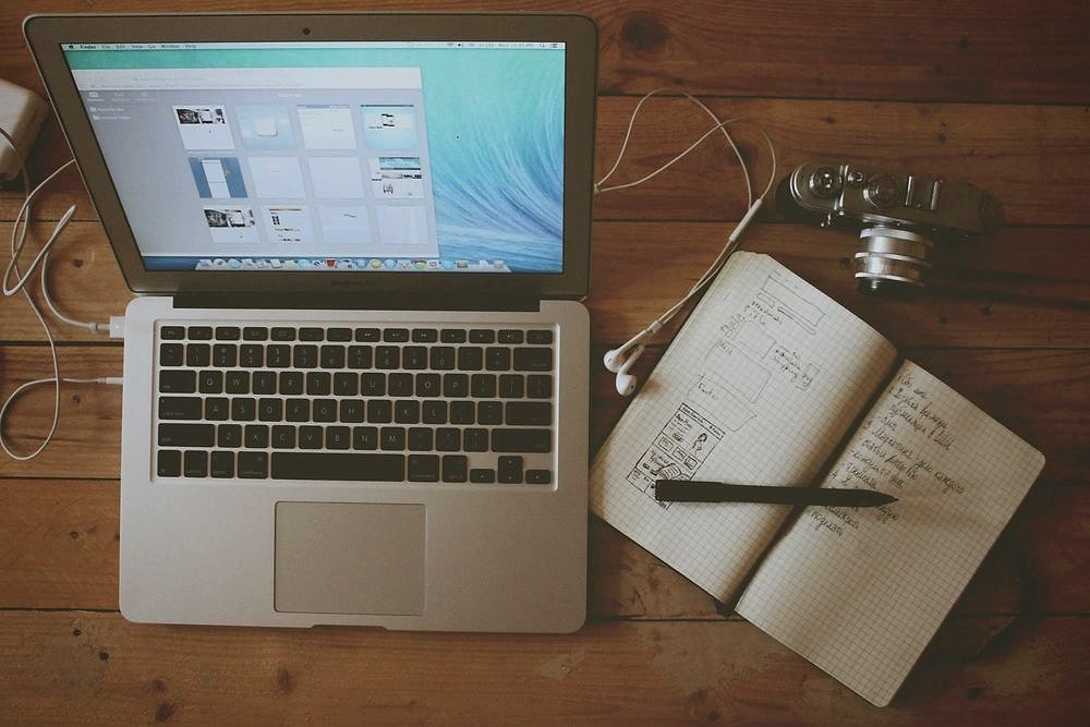 Desk with lamp and correspondence cards